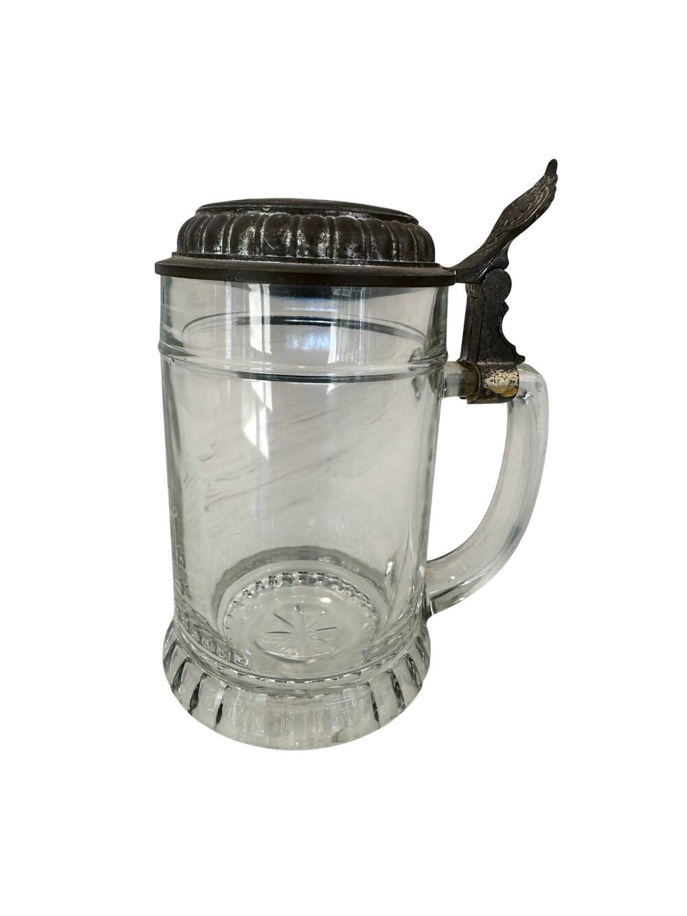 Vintage BMF West Germany Glass Beer Stein Pewter Hinged Lid Floral Thumblift